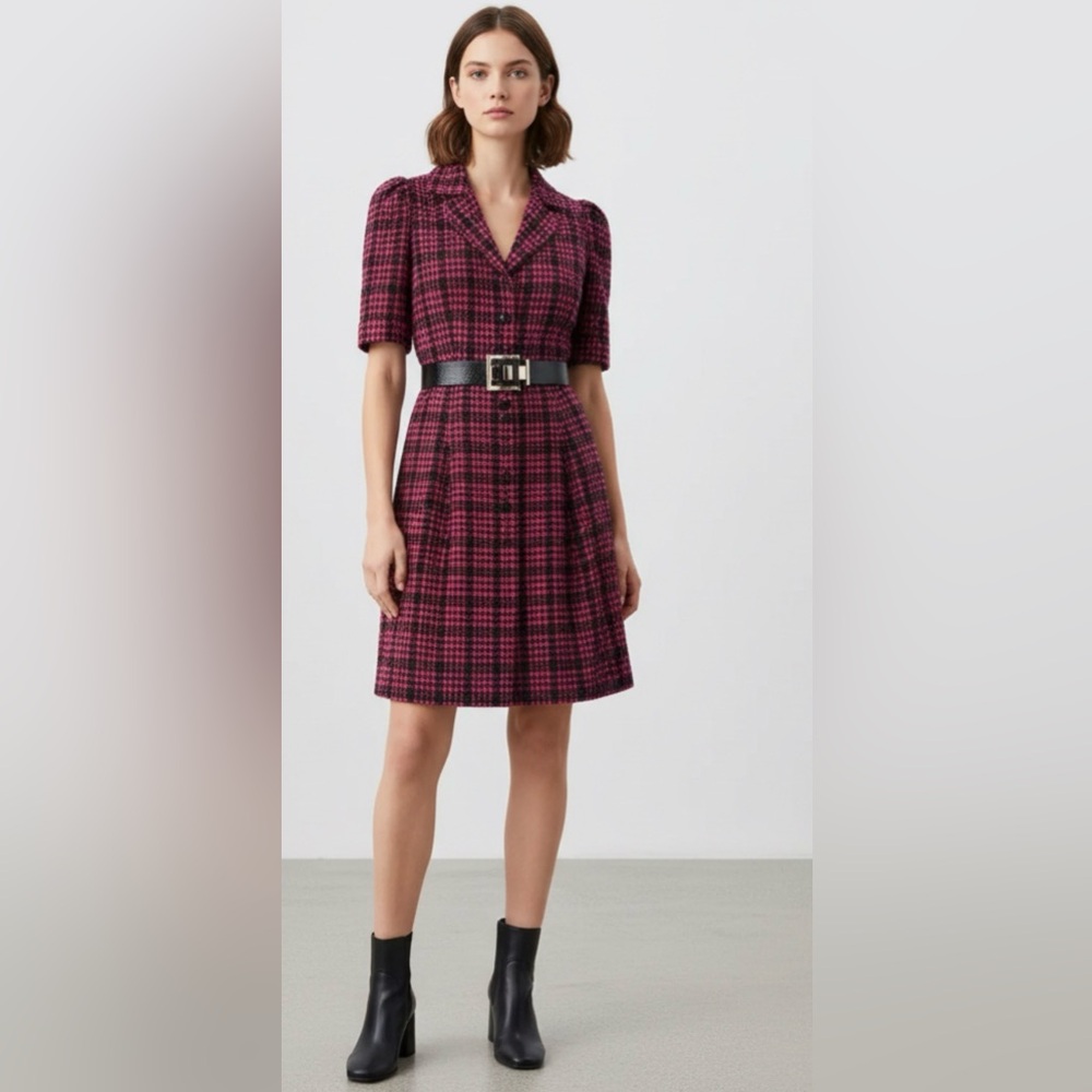 NWT Fashion Show Red + Black Check Button-Down Dress Patent Leather Belt | Sz 6